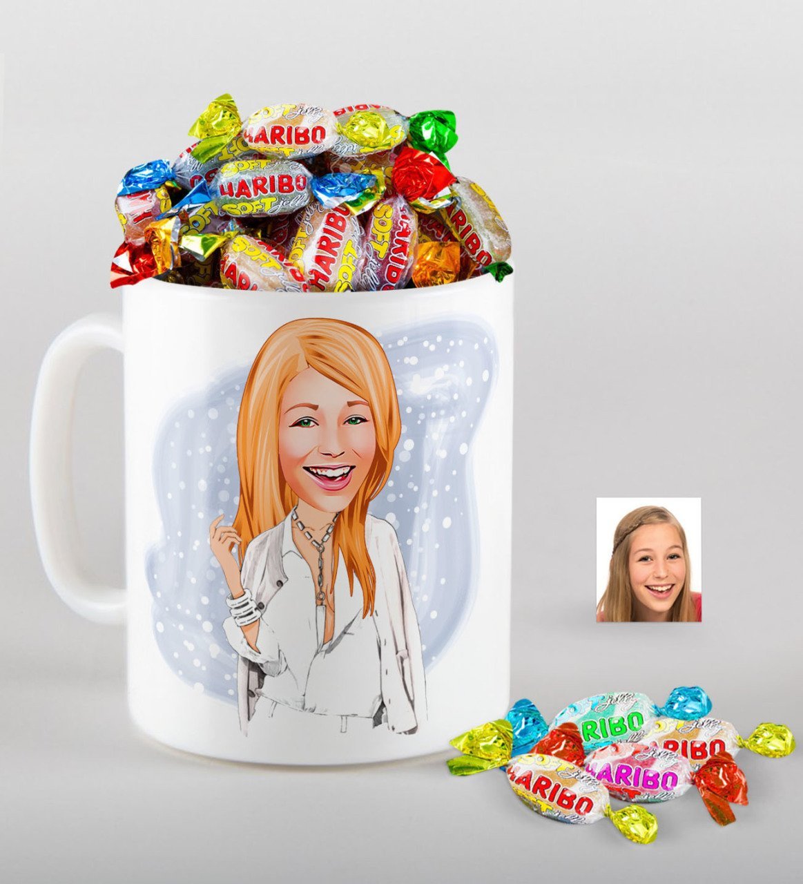 Kişiye Özel Bayan Model Karikatürlü Kupa ve Haribo Fruitbons Şeker Hediye Seti-2