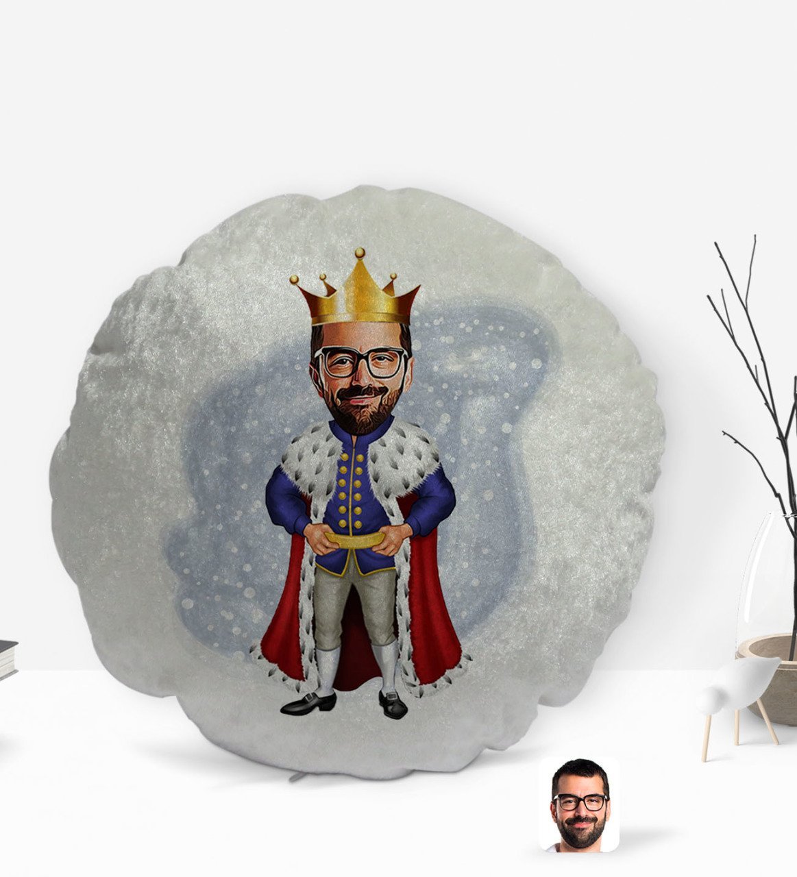 Kişiye Özel Kral Karikatürlü Yuvarlak Dekoratif Kırlent Yastık-1