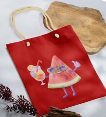 BK Gift Yaz Temalı Kırmızı Halat Saplı Kumaş Plaj Çantası -19, Baskılı Omuz Çantası, Alışveriş Çantası, Arkadaşa Hediye, Sevgiliye Hediye