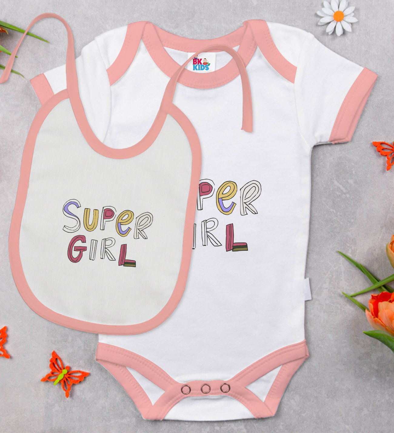 BK Kids Super Girl Tasarımlı Pembe Bebek Body Zıbın ve Mama Önlüğü Hediye Seti-1