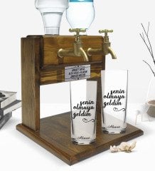 Kişiye Özel Renkli Baskılı Senin Olmaya Geldim Tasarımlı İkili Rakı Bardağı ve Çift Musluklu Doğal Ahşap Rakı Standı-1