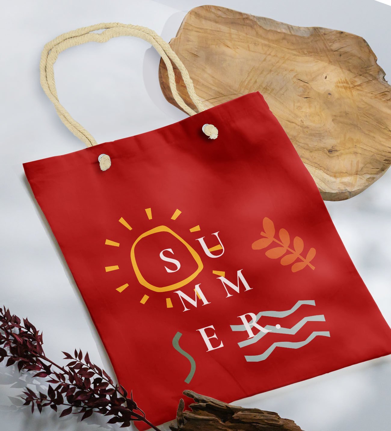 BK Gift Yaz Temalı Kırmızı Halat Saplı Kumaş Plaj Çantası -20, Baskılı Omuz Çantası, Alışveriş Çantası, Arkadaşa Hediye, Sevgiliye Hediye