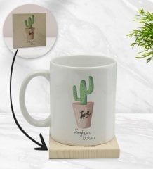 BK Gift Kişiye Özel Kaktüs Tasarımlı Beyaz Kupa Bardak ve Ahşap Bardak Altlığı Hediye Seti - Model 5