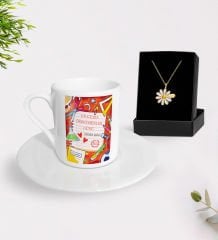 BK Gift Kişiye Özel Öğretmenler Günü Türk Kahvesi Fincanı ve İsimli Papatya Kolye Hediye Seti- 2, Öğretmene Hediye, Öğretmenler Günü