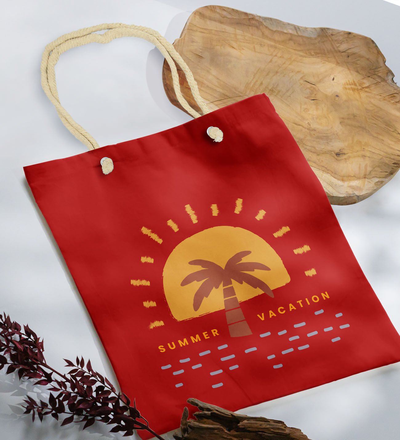 BK Gift Yaz Temalı Kırmızı Halat Saplı Kumaş Plaj Çantası -21, Baskılı Omuz Çantası, Alışveriş Çantası, Arkadaşa Hediye, Sevgiliye Hediye