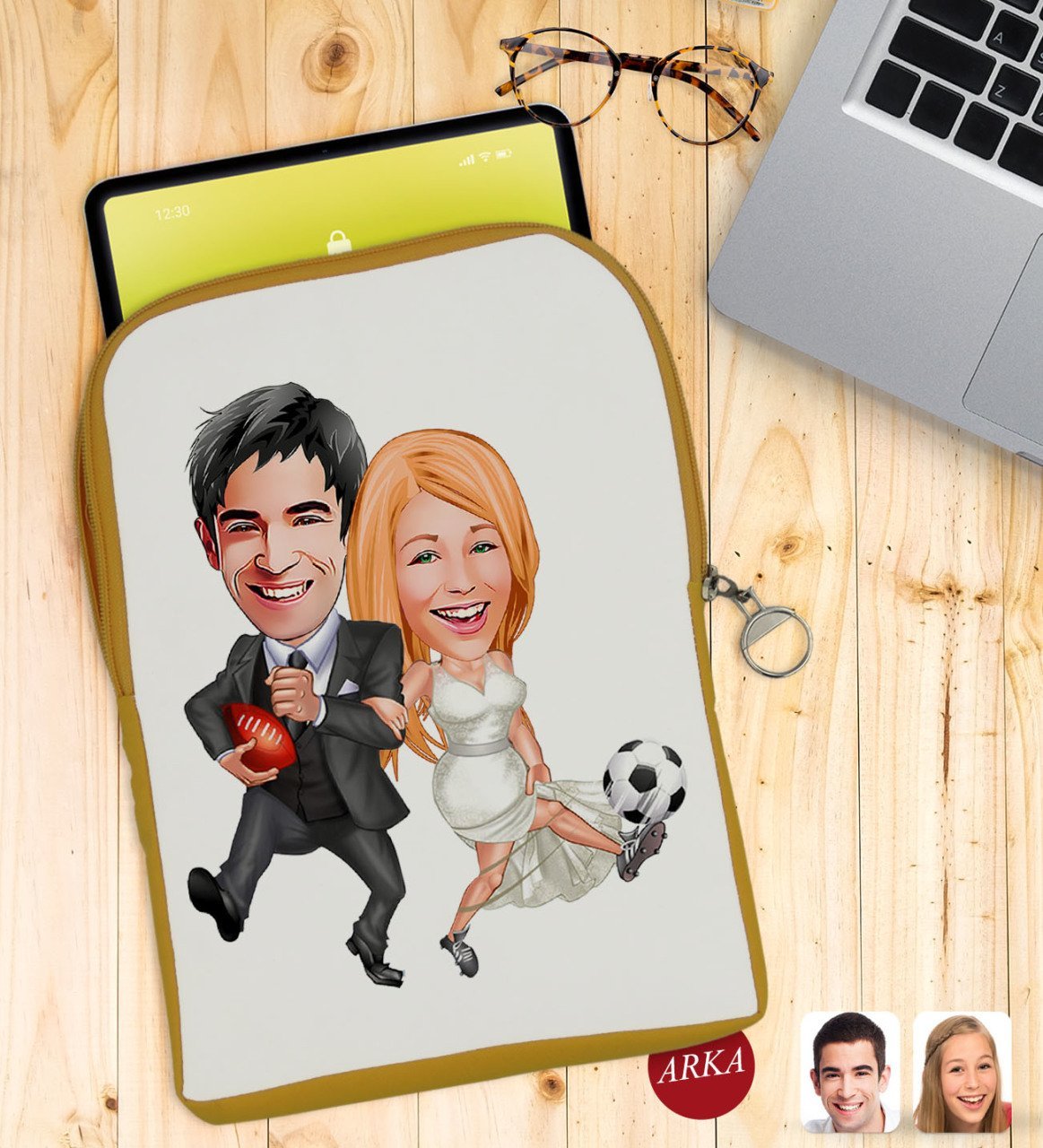 Kişiye Özel Sevgililer Karikatürlü Taşınabilir Koruyucu Tablet Kılıfı & Organizer Çanta - Sarı-15