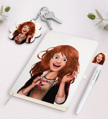 Kişiye Özel Kadın Animasyon Karikatürlü Beyaz Defter Kalem Ve Anahtarlık Hediye Seti-11