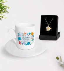 BK Gift Kişiye Özel Öğretmenler Günü Türk Kahvesi Fincanı ve İsimli Papatya Kolye Hediye Seti- 3, Öğretmene Hediye, Öğretmenler Günü