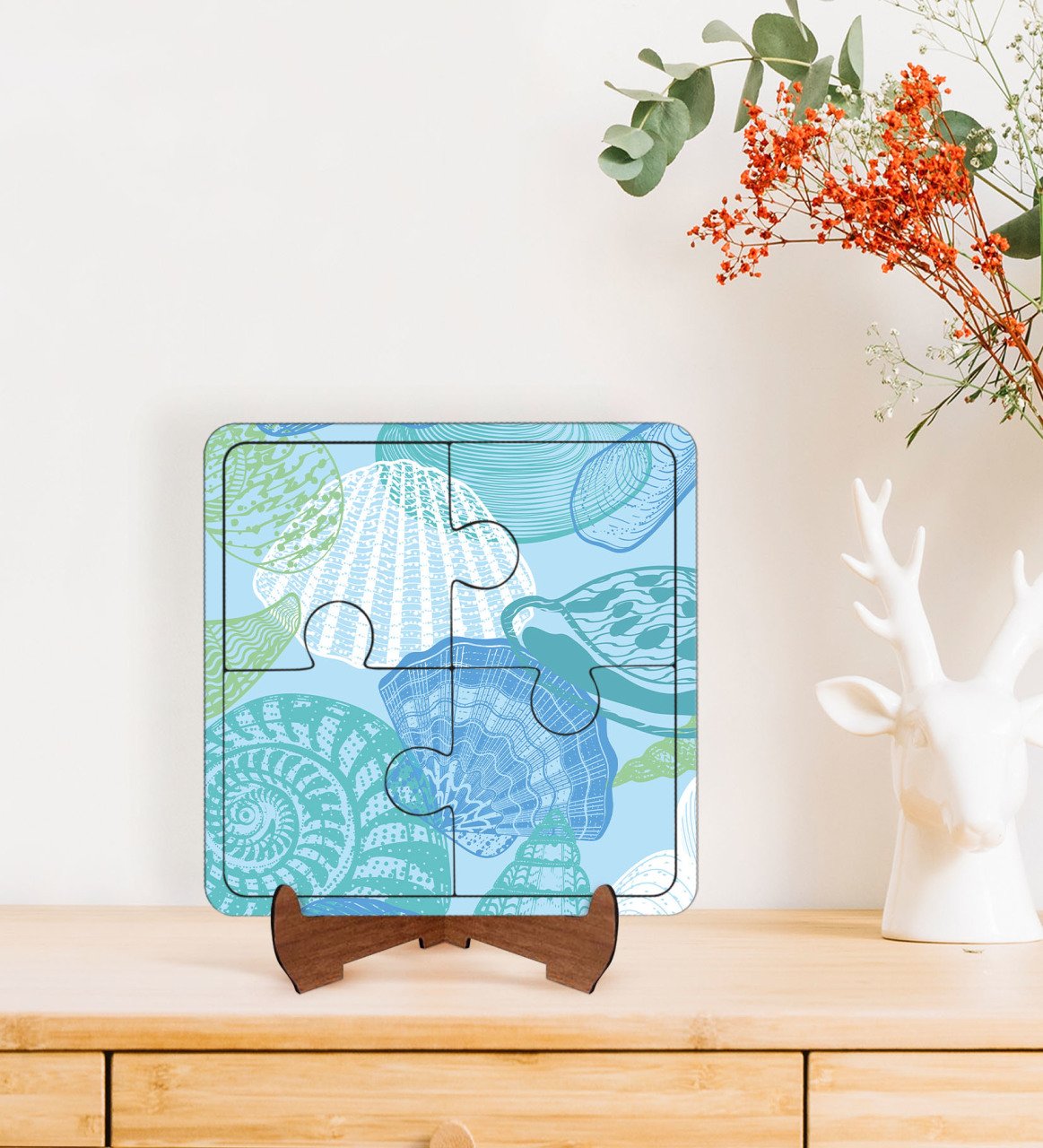 BK Gift Deniz Kabukları Tasarımlı Ahşap Standlı Puzzle Çerçeve-1