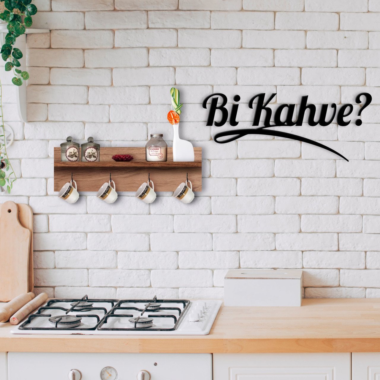 BK Home Doğal Ahşap Raflı Dekoratif Fincan Askılığı ve Bi Kahve Duvar Süsü-5