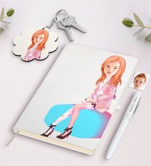 Kişiye Özel Kadın Karikatürlü Beyaz Defter Kalem Ve Anahtarlık Hediye Seti-32