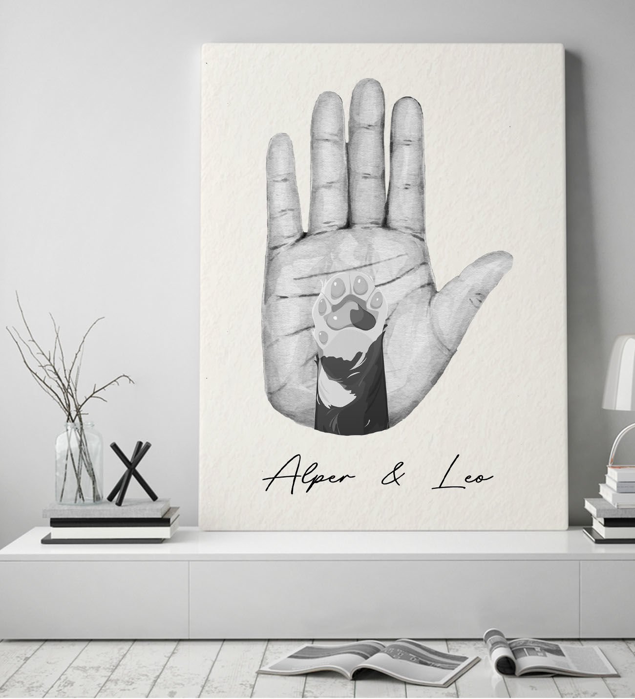 BK Gift Kişiye Özel İsimli El ve Pati Tasarımlı Siyah Beyaz Kanvas Tablo-1 50x70, Ev Dekorasyonu, Arkadaşa Hediye