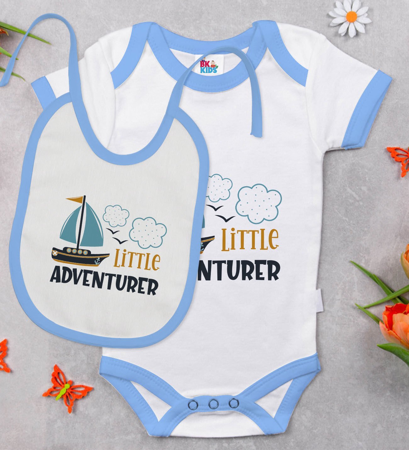 BK Kids Little Advanturer Tasarımlı Mavi Bebek Body Zıbın ve Mama Önlüğü Hediye Seti-1