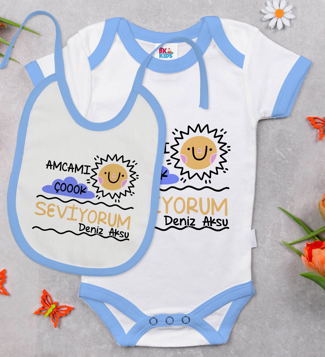 BK Kids Kişiye Özel Amcamı Çok Seviyorum Tasarımlı Mavi Bebek Body Zıbın ve Mama Önlüğü Hediye Seti