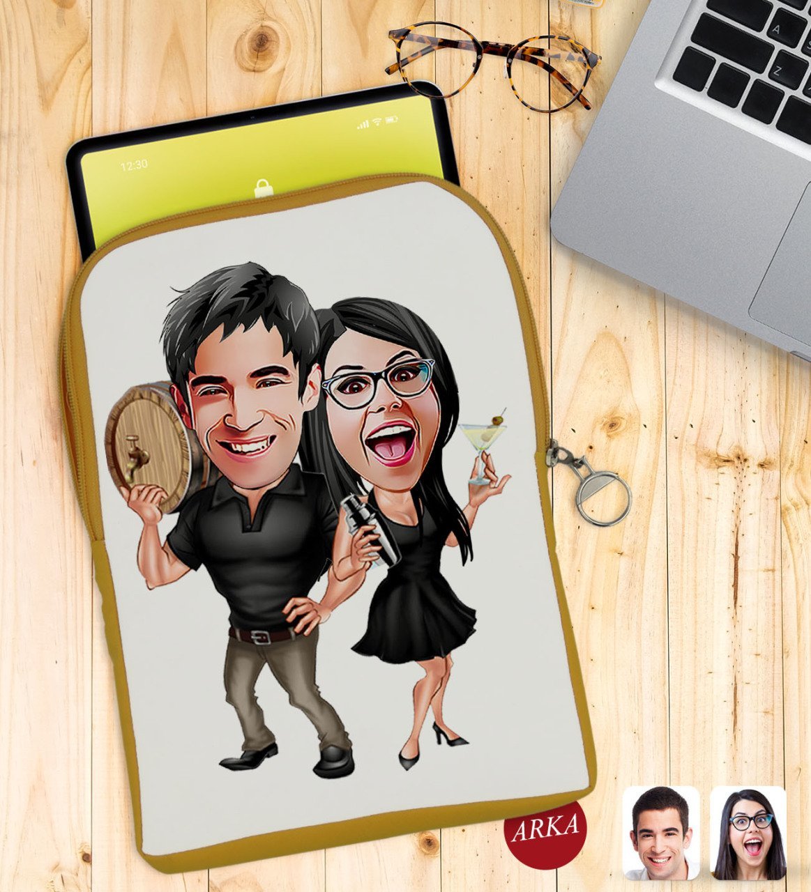 Kişiye Özel Sevgililer Karikatürlü Taşınabilir Koruyucu Tablet Kılıfı & Organizer Çanta - Sarı-18