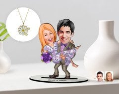 Kişiye Özel Sevgililer Karikatürlü 3D Ahşap Biblo ve Çift İsimli Papatya Kolye Seti-56