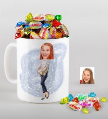Kişiye Özel Bayan Karikatürlü Kupa ve Haribo Fruitbons Şeker Hediye Seti-11