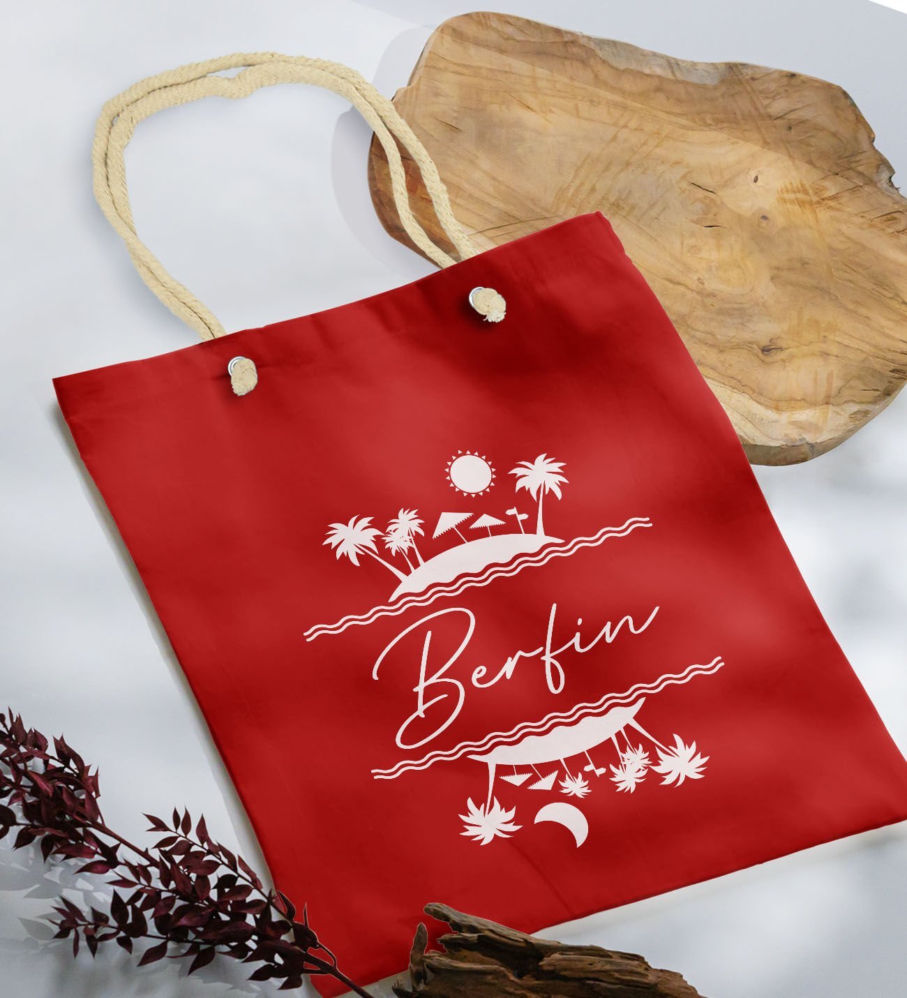 BK Gift Kişiye Özel Yaz Temalı İsimli Kırmızı Halat Saplı Kumaş Plaj Çantası -1, Baskılı Omuz Çantası, Alışveriş Çantası, Arkadaşa Hediye, Sevgiliye Hediye