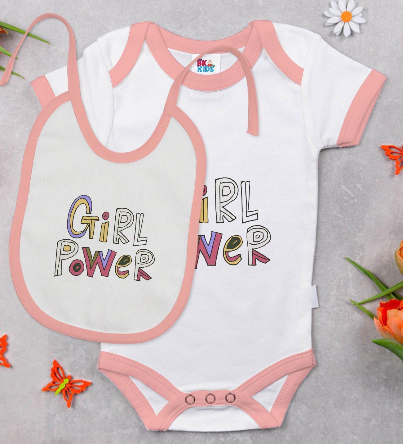 BK Kids Girl Power Tasarımlı Pembe Bebek Body Zıbın ve Mama Önlüğü Hediye Seti-1