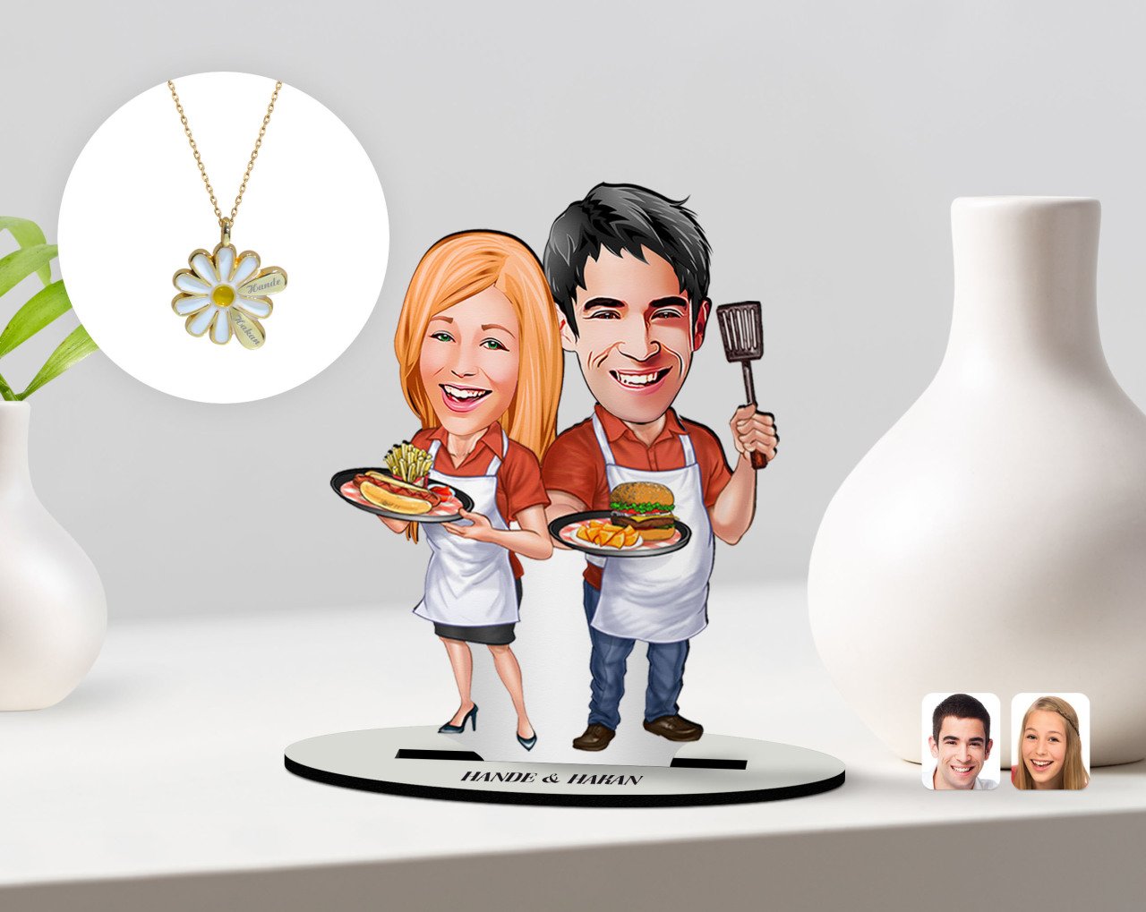 Kişiye Özel Sevgililer Karikatürlü 3D Ahşap Biblo ve Çift İsimli Papatya Kolye Seti-57