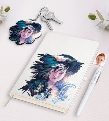 Kişiye Özel Kadın Soyut Karikatürlü Beyaz Defter Kalem Ve Anahtarlık Hediye Seti-3