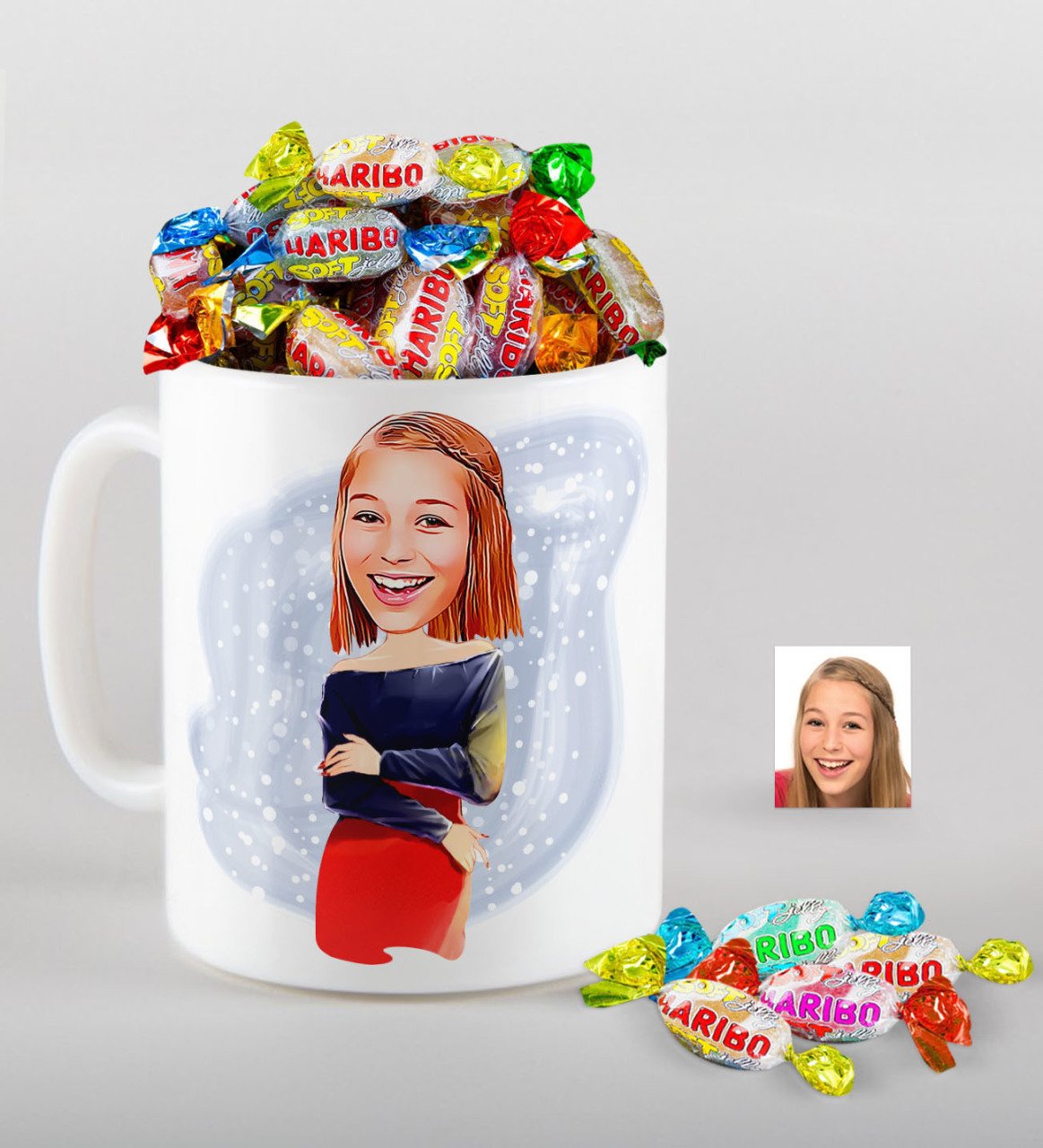 Kişiye Özel Bayan Karikatürlü Kupa ve Haribo Fruitbons Şeker Hediye Seti-12
