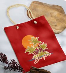 BK Gift Kişiye Özel Yaz Temalı İsimli Kırmızı Halat Saplı Kumaş Plaj Çantası -2, Baskılı Omuz Çantası, Alışveriş Çantası, Arkadaşa Hediye, Sevgiliye Hediye