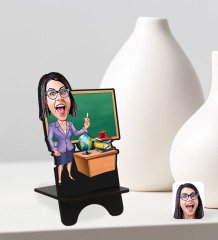 Kişiye Özel Kadın Öğretmen Karikatürlü Ahşap Biblo Telefon Standı-1