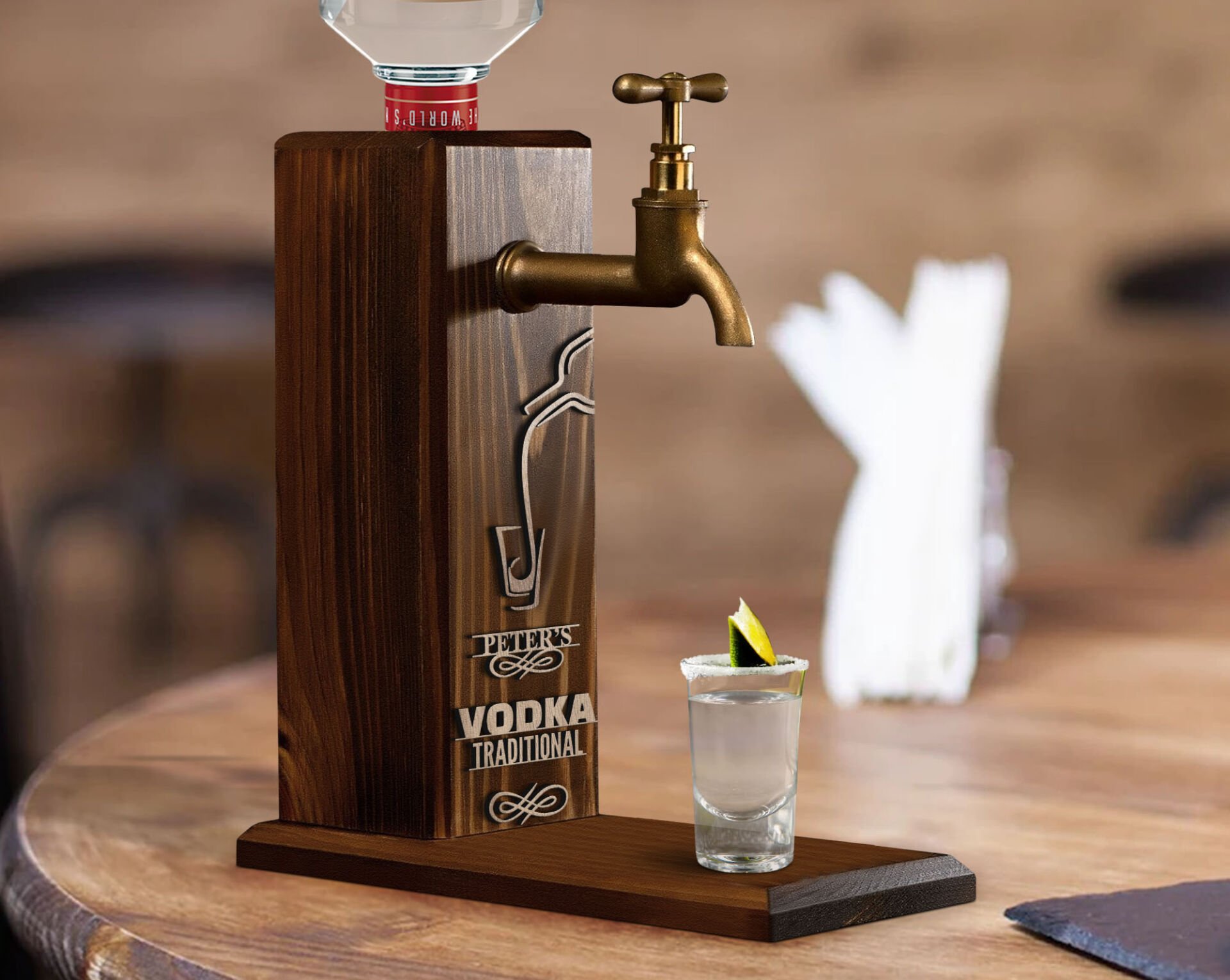 BK Gift Kişiye Özel Kabartma İsimli Musluklu Ceviz Ahşap Vodka Standı, Vodka Çeşmesi, Doğum Günü Hediyesi, Ev Hediyesi, İçecek Dispenseri-2