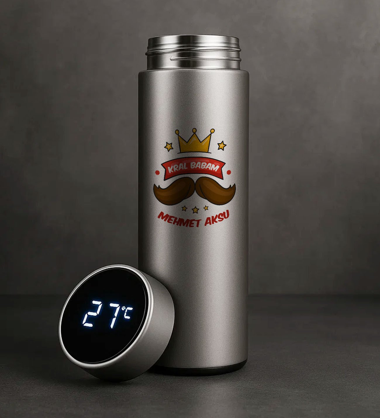 BK Gift Kişiye Özel Babalar Günü Tasarımlı Filtreli Dijital Göstergeli Gümüş Çelik Termos-3, Babaya Hediye, Babalar Günü Hediyesi