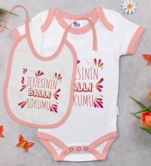 BK Kids Teyzesinin Ballı Lokumu Tasarımlı Pembe Bebek Body Zıbın ve Mama Önlüğü Hediye Seti-1