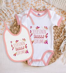 BK Kids Teyzesinin Ballı Lokumu Tasarımlı Pembe Bebek Body Zıbın ve Mama Önlüğü Hediye Seti-1