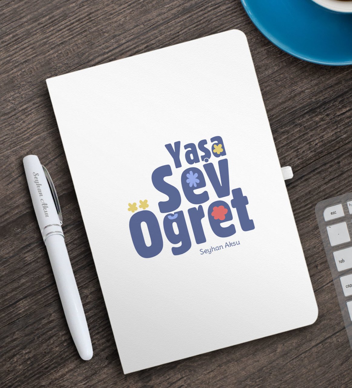 Kişiye Özel Yaşa Sev Öğret Beyaz Defter ve Kalem Hediye Seti-2
