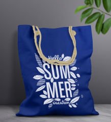 BK Gift Yaz Temalı Saks Mavi Halat Saplı Kumaş Plaj Çantası -1, Baskılı Omuz Çantası, Alışveriş Çantası, Arkadaşa Hediye, Sevgiliye Hediye