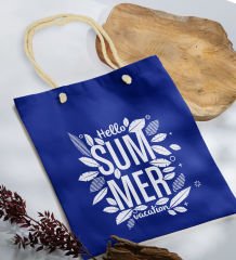 BK Gift Yaz Temalı Saks Mavi Halat Saplı Kumaş Plaj Çantası -1, Baskılı Omuz Çantası, Alışveriş Çantası, Arkadaşa Hediye, Sevgiliye Hediye