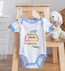 BK Kids Kişiye Özel İlk Babalar Günü Tasarımlı Mavi Bebek Body Zıbın ve Mama Önlüğü Hediye Seti-1