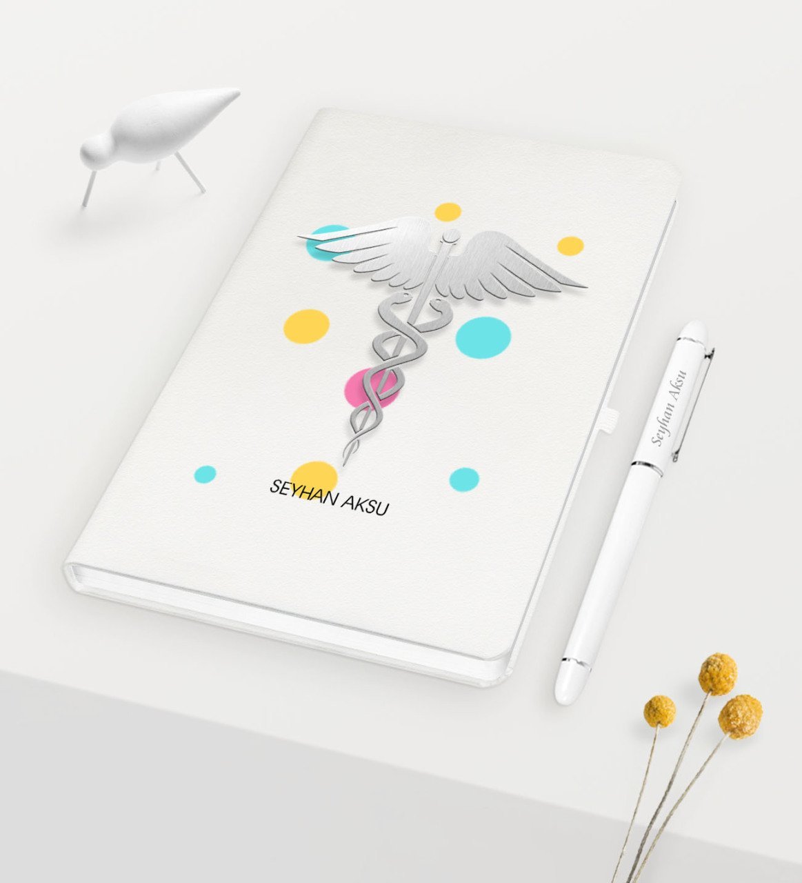 Kişiye Özel Tıp Sembolü Temalı Beyaz Defter Kalem Seti - 1