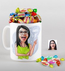 Kişiye Özel Bayan Karikatürlü Kupa ve Haribo Fruitbons Şeker Hediye Seti-19