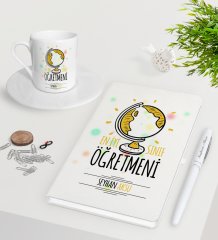 Kişiye Özel En İyi Sınıf Öğretmeni Beyaz Defter Kalem Türk Kahvesi Fincanı Seti-4