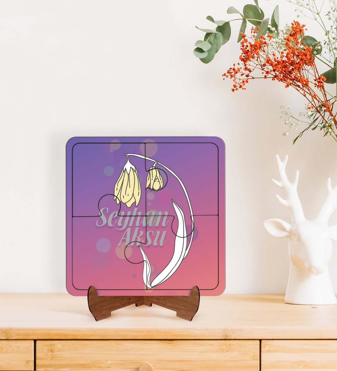 Kişiye Özel İsimli Kadınlar Günü Tasarımlı Ahşap Standlı Puzzle Çerçeve-13