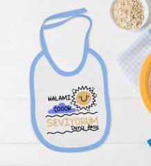 BK Kids Kişiye Özel Halamı Çok Seviyorum Tasarımlı Mavi Bebek Body Zıbın ve Mama Önlüğü Hediye Seti