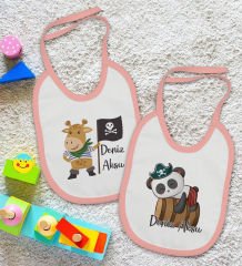 BK Kids Kişiye Özel Sevimli Korsan Tasarımlı 2’li Pembe Mama Önlüğü-1