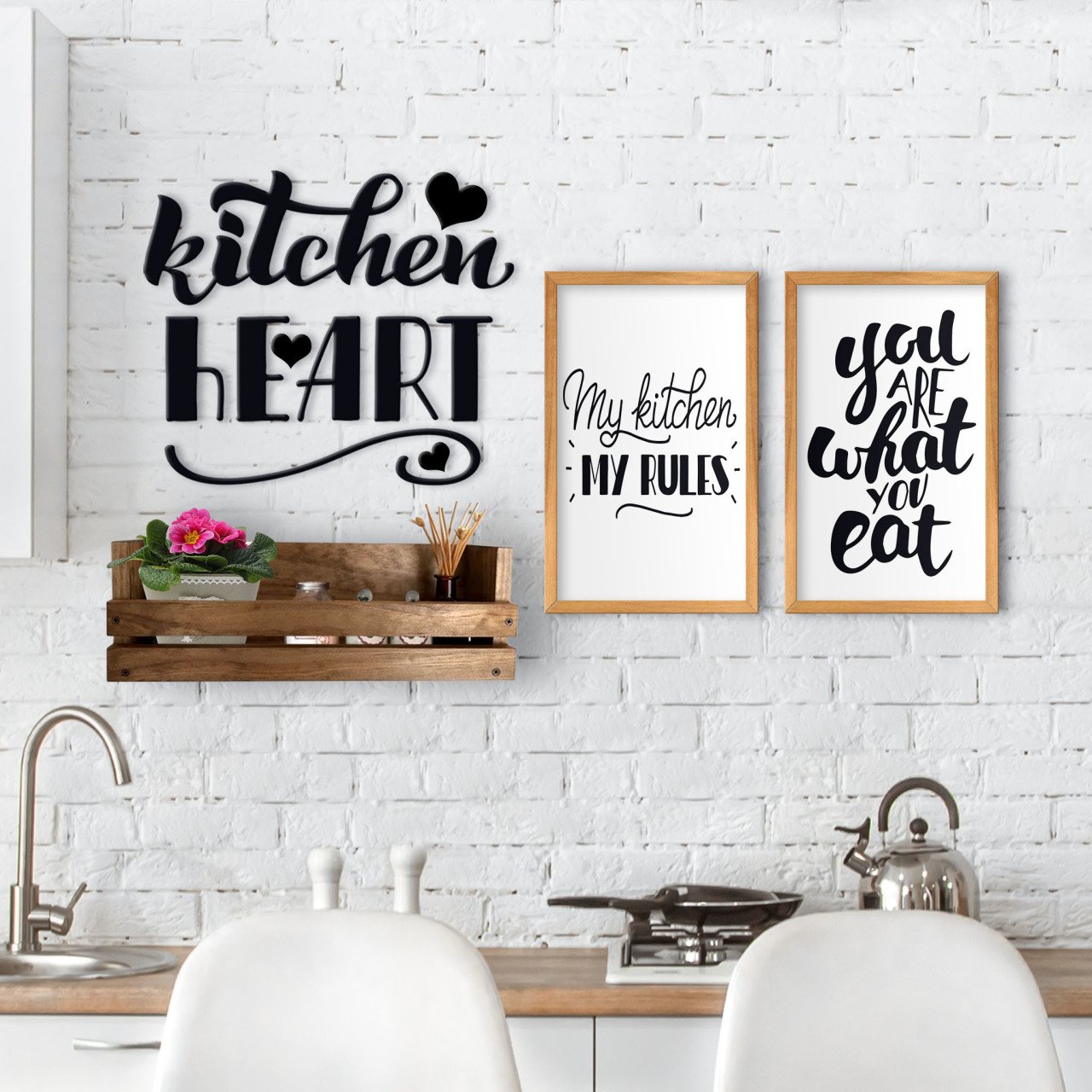BK Home Dekoratif Doğal Ahşap Raf Mutfak Konseptli 2’li Ahşap Tablo ve Duvar Süsü-6