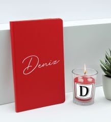 BK Gift Kişiye Özel İsimli Kırmızı Defter ve Cam Bardakta Kalp Figürlü Kokulu Mum Hediye Seti-2, Sevgiliye Hediye, Arkadaşa Hediye