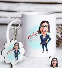 Kişiye Özel Bayan Patron Karikatürlü Beyaz Kupa ve Anahtarlık Hediye Seti-1