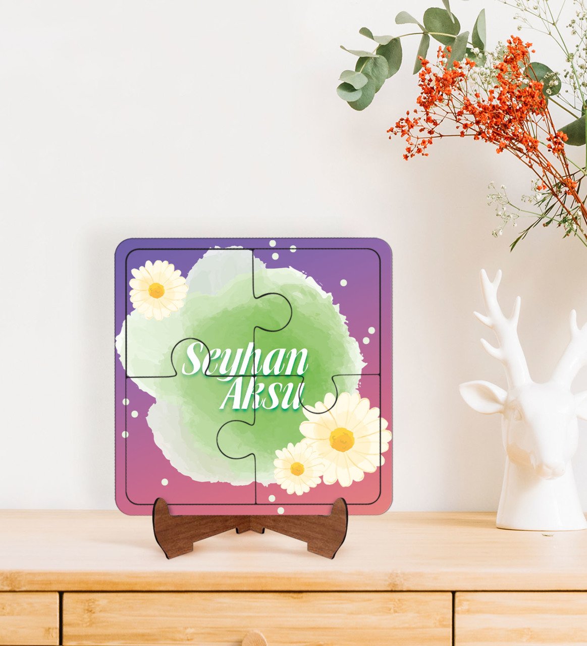 Kişiye Özel İsimli Kadınlar Günü Tasarımlı Ahşap Standlı Puzzle Çerçeve-14