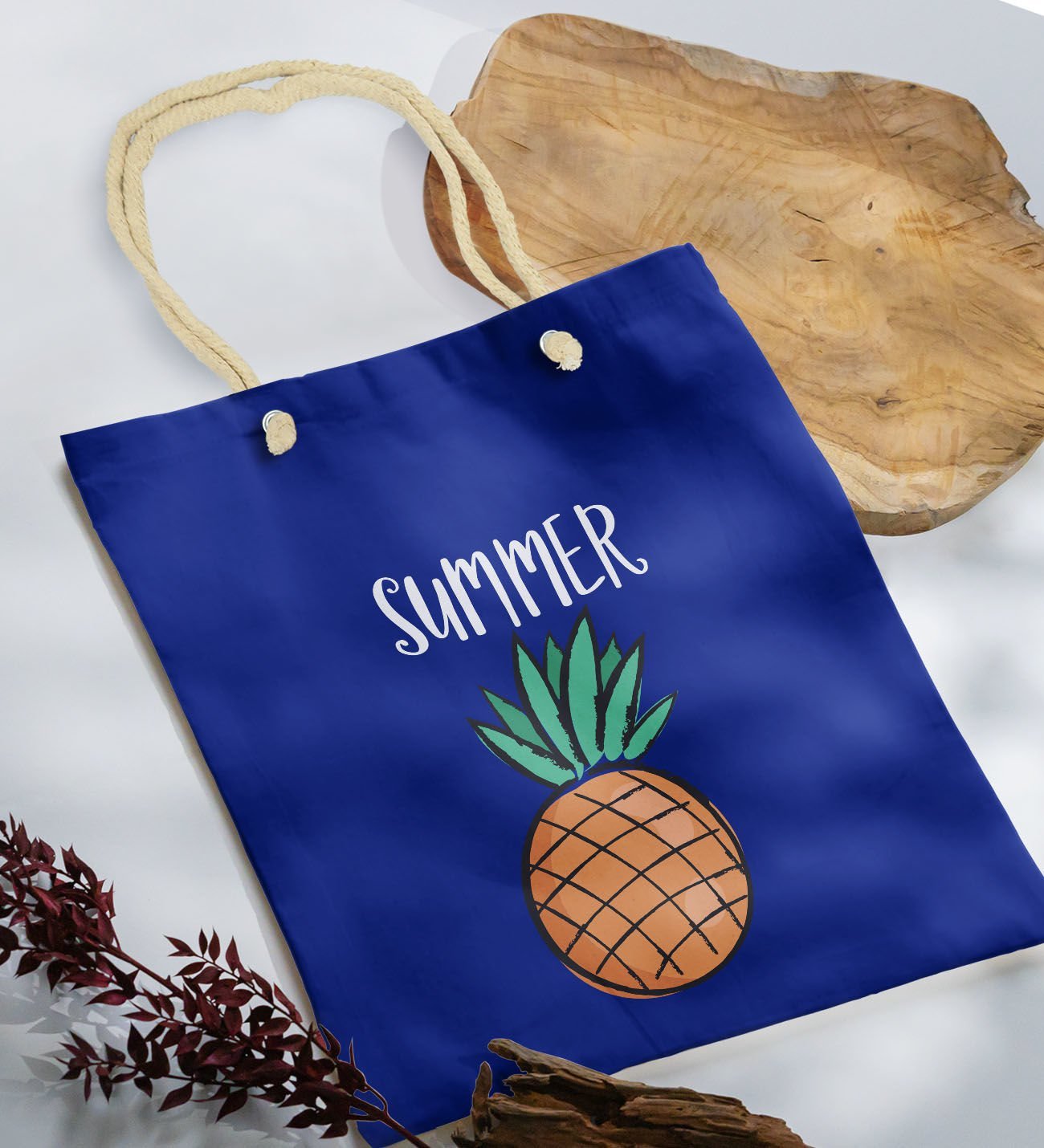 BK Gift Yaz Temalı Saks Mavi Halat Saplı Kumaş Plaj Çantası -4, Baskılı Omuz Çantası, Alışveriş Çantası, Arkadaşa Hediye, Sevgiliye Hediye