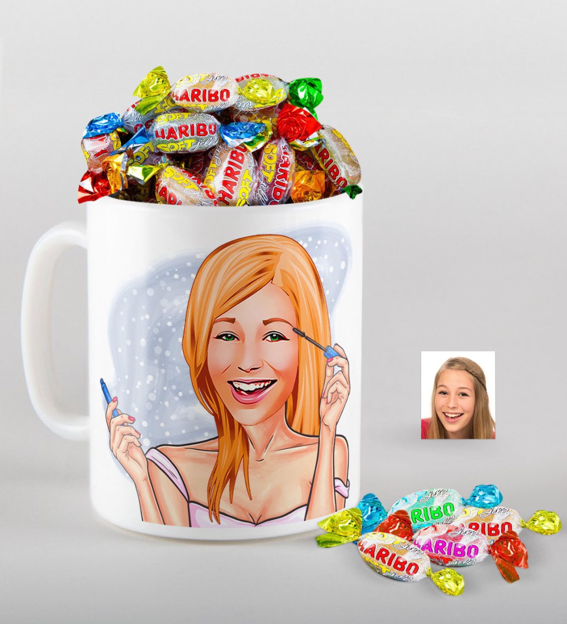 Kişiye Özel Bayan Karikatürlü Kupa ve Haribo Fruitbons Şeker Hediye Seti-21