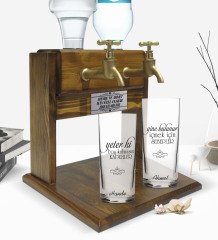 Kişiye Özel Renkli Baskılı Yeter Ki Tasarımlı İkili Rakı Bardağı ve Çift Musluklu Doğal Ahşap Rakı Standı-1