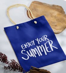 BK Gift Yaz Temalı Saks Mavi Halat Saplı Kumaş Plaj Çantası -6, Baskılı Omuz Çantası, Alışveriş Çantası, Arkadaşa Hediye, Sevgiliye Hediye